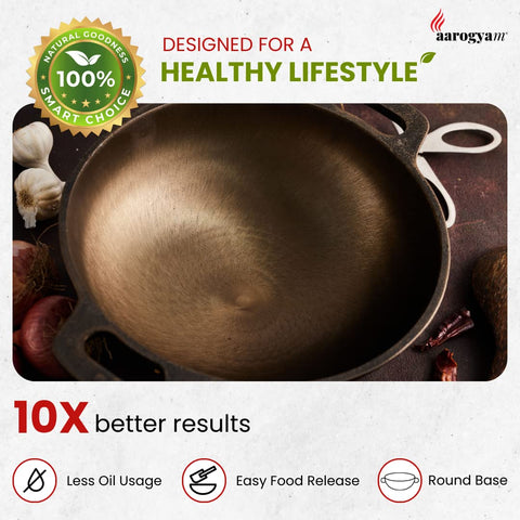 Aarogyam Round Kadai, 9 Inch Diameter, Cast Iron, Pre Seasoned, Loha Kadai, Oven Safe