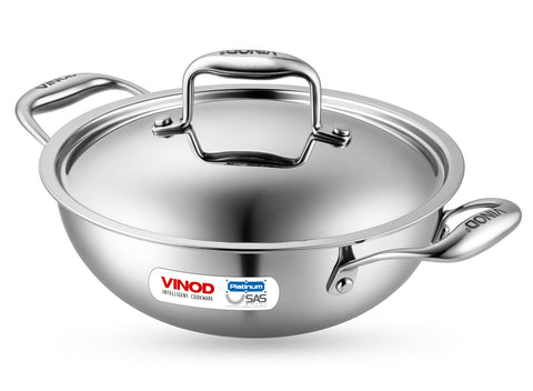 Vinod Platinum Triply Stainless Steel Kadai with Lid - 28 cm | Even Heating No Hotspot, Less Oil Healthy Cooking, Heavy Bottom Induction Cookware Kadhai for Cooking & Frying