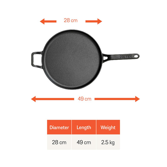 Meyer Pre-Seasoned Cast Iron Flat Dosa, Roti, Chapati Tawa Pan with Stick Handle, Dosa Kallu, Iron Tawa Big Size, Gas and Induction Compatible | 28cm, Black