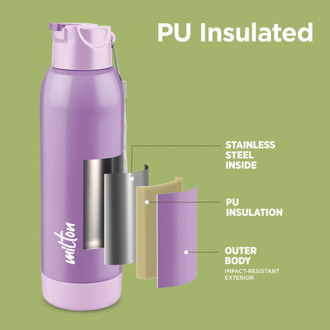 Milton Steel Swag 900 Inner Stainless Steel PU Insulated Sipper Water Bottle for Adults, Kids I Leak Proof Flip Top Lid I Easy to Carry I for Office, Gym, School, 690 ml, Lavender
