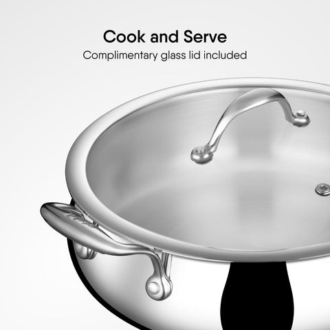 Stahl Artisan Triply Stainless Steel 24 cm Biryani Handi with Dual lid, Steel Lid for Dum & Glass Lid for Serving | 4L Biryani Pot, Gas & Induction Compatible | Non-Toxic, Less Oil, Stick Resistant