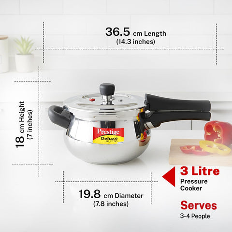 Prestige 3 Litre Stainless Steel Deluxe Alpha Svachh Outer Lid Pressure Cooker | Mini Handi | 10Y Warranty | Deep Lid for Spillage Control | TRIPLY Base | GRS |Gas & Induction Compatible | ISI