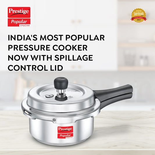 Prestige 2 Litre Aluminium Popular Svachh Outerlid Pressure Cooker|Deep Lid for spillage Control|Virgin Aluminium|Gas Compatible|Controlled Gasket Release System|5 years warranty|ISI Certified