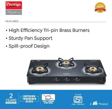 Prestige Royale Plus GT 03L Toughened Black Glass Top Gas Stove(Manual, 3 Brass Burners, Black, Baati/Tandoor Stand Inside)