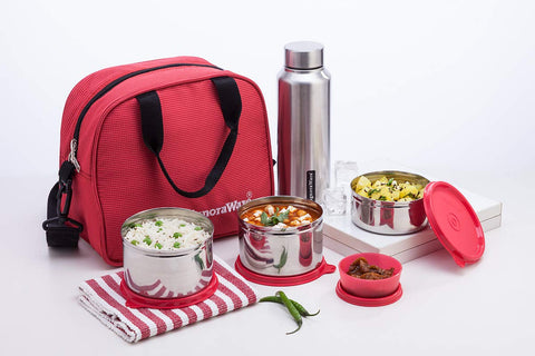 SignoraWare Sling Steel Lunch Box with Steel Bottle, Set of 5, Red,750ML