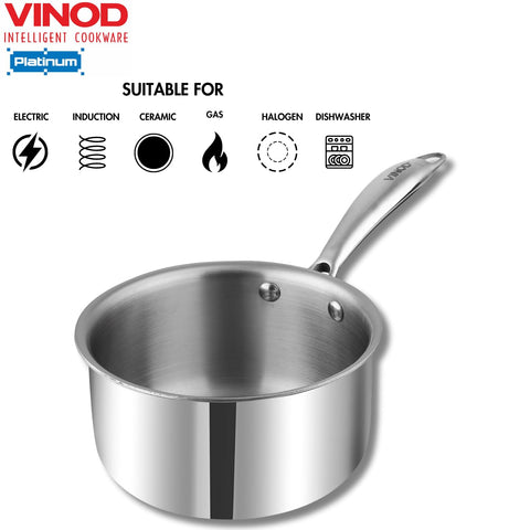 Vinod Platinum Triply Stainless Steel Milkpan - 1.5 Litre, 16 cm | Easy Pour Spout | Tea/Milk/Chai Pan | Rivetted Sturdy Handle | Induction & Gas Base | 5 Year Warranty