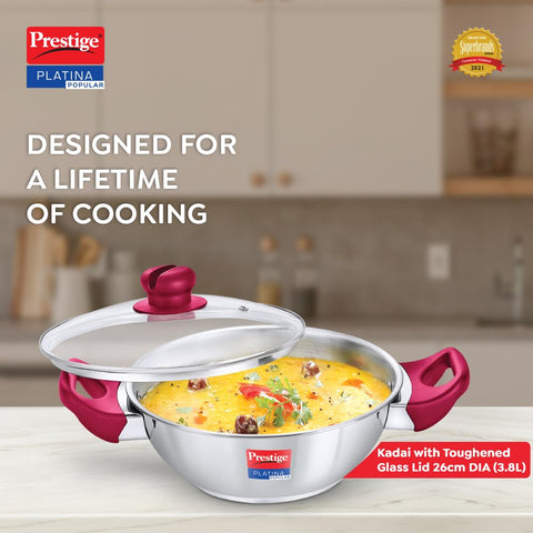 Prestige Platina Popular Stainless Steel Gas and Induction Compatible Kadai with Glass Lid, 260 mm