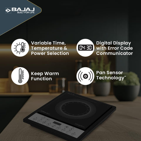 Bajaj ICX 160TS Neo Induction Stove | 1600 Watts | 9 Pre-Set Menus | Digital Display | Keep Warm Function | Variable Time, Power & Temperature Selection | 1 Yr Warranty 【Black】
