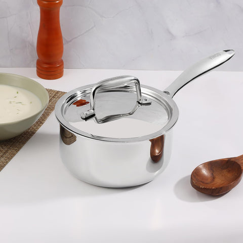 Vinod Platinum Triply Stainless Steel Saucepan with Lid  (18 cm) | Tea, Chai Pan | 5 Year Warranty | Induction & Gas Friendly, Heavy Bottom - Silver
