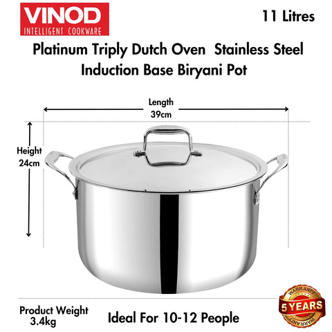 Vinod Platinum Triply Stainless Steel Biryani/Sauce Pot with Lid 30 cm | Heavy Bottom | Multipurpose Cooking Pot | Riveted Handles | Induction & Gas Compatible