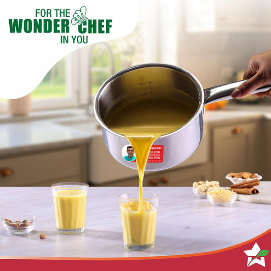 Wonderchef Stella Triply Stainless Steel Milk Pan | 16 cm, 1.7 litres | Compatible with Gas Stove, Induction, Ceramic Cooktop | Non-Toxic | Uniform Heating | Heavy-Duty Handle | 10-Year Warranty