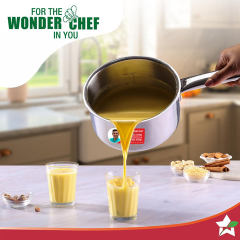 Wonderchef Stella Triply Stainless Steel Milk Pan | 16 cm, 1.7 litres | Compatible with Gas Stove, Induction, Ceramic Cooktop | Non-Toxic | Uniform Heating | Heavy-Duty Handle | 10-Year Warranty