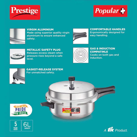 Prestige Popular Plus Induction Base Senior Deep Pan, 6 Liters, Silver, Aluminium, Outer Lid