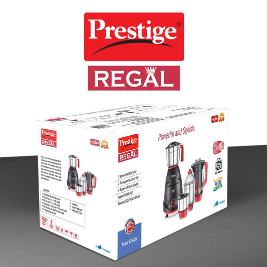 Prestige 750 Watts Regal Mixer Grinder with 4 Jars (3 Stainless Steel Jars + 1 Juicer Jar)| Black