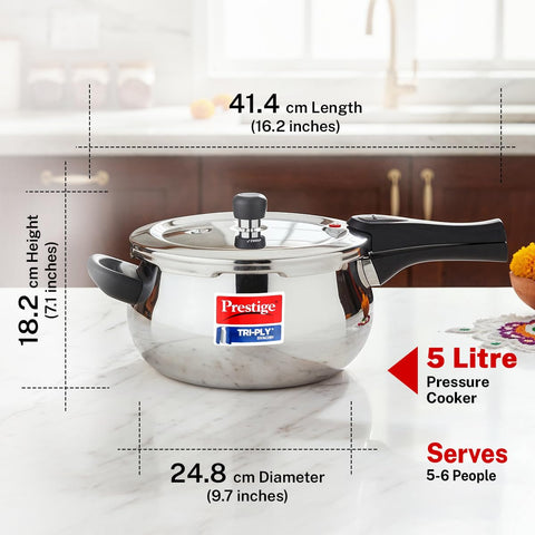 Prestige 5 Litre TRIPLY Svachh Outer Lid Pressure Cooker | Handi | Deep Lid for Spillage Control | Gas & Induction Compatible | Gasket Release System | Visual Pressure Indicator | 5Y Warranty | ISI
