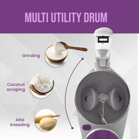 Ultra Grind+ Gold Wet Grinder Celebration Pack | 2L Multiutility Drum with Conical Stones, 1L Spice Mix Drum with Cylindrical Stone, Coconut scraper, Atta kneader & AISI 304 Food Grade Stainless Steel