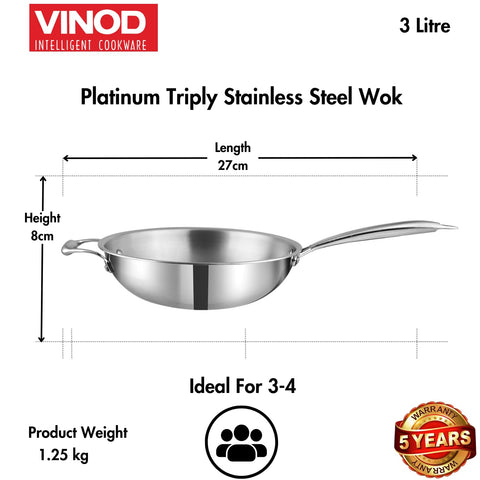 Vinod Platinum Triply Stainless Steel Wok - 26 cm | Riveted Handle | Stir, Shallow Fry/Noodles/Curry/Fried Rice | Induction Base | 5 Year Warranty - Silver