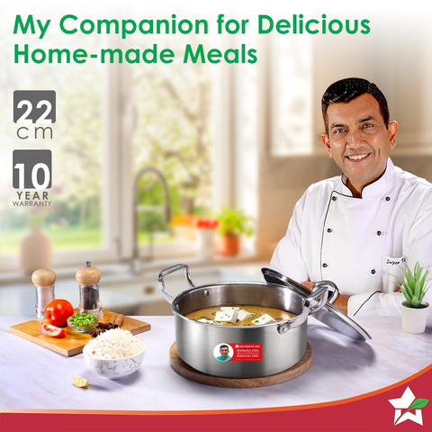 Wonderchef Stella Triply Stainless Steel Casserole with Lid | 22 cm, 3.5 litres | Compatible with Gas Stove, Induction, Ceramic Cooktop | Non-Toxic | Heavy-Duty Handle | 10-Year Warranty