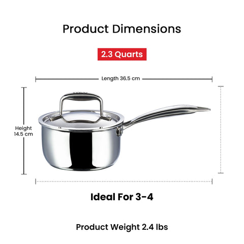 Vinod Platinum Triply Stainless Steel Saucepan with Lid - 2.2 litres (18 cm) | 2.5 mm Thick | Tea, Chai Pan | 5 Year Warranty | Induction & Gas Friendly, Heavy Bottom - Silver