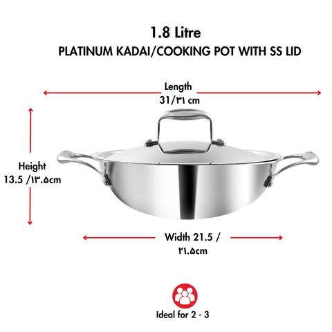 Vinod Platinum Triply Stainless Steel Kadai with Lid - 22 cm | Even Heating No Hotspot, Less Oil Healthy Cooking, Heavy Bottom Induction Cookware Kadhai for Cooking & Frying