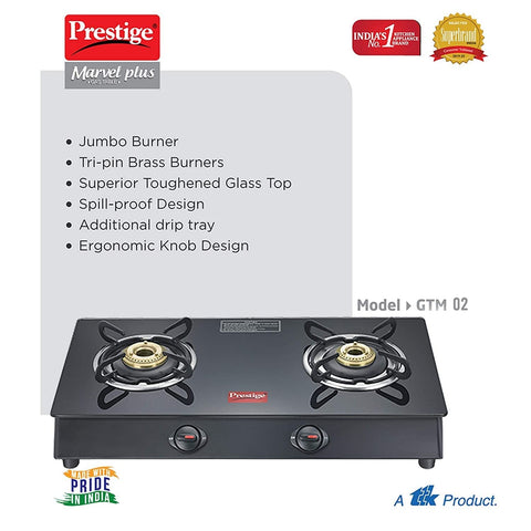 Prestige Marvel Plus 2 Burner Glass Top, Gas Stove (GTM 02, Black) - Manual Ignition