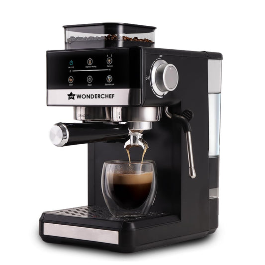 Wonderchef Regalia Semi-Automatic Espresso Machine & Coffee Grinder, 20-bar Pressure, Café-Style Espresso with Freshly Ground Beans, Hot & Cold Brew, 20 Grinding Options, Perfect Gift, 2-Yr Warranty