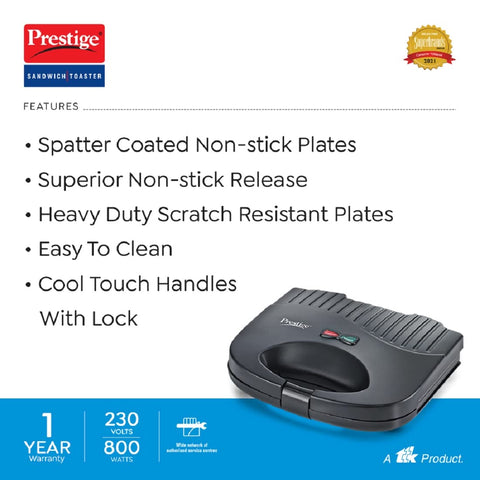 Prestige PGFSP - Spatter Coated Non-stick Sandwich Toasters With fixed Grill Plate, Black