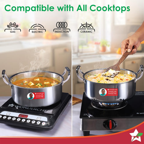 Wonderchef Stella Triply Stainless Steel Casserole with Lid | 24 cm, 4.5 litres | Compatible with Gas Stove, Induction, Ceramic Cooktop | Non-Toxic | Heavy-Duty Handle | 10-Year Warranty