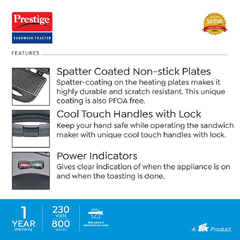 Prestige PGFSP - Spatter Coated Non-stick Sandwich Toasters With fixed Grill Plate, Black