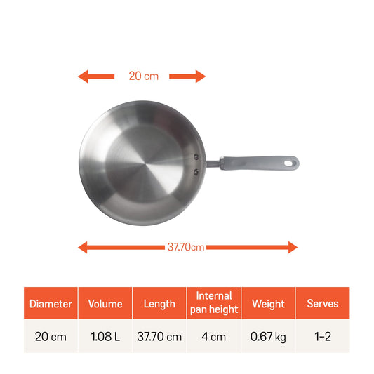 Meyer Trivantage Nickel Free Stainless Steel Triply Frypan | Steel Pan for Cooking | Fry pan Tri ply with Heavy Bottom | Gas and Induction Base, 20cm/ 1.08 Litre, Silver