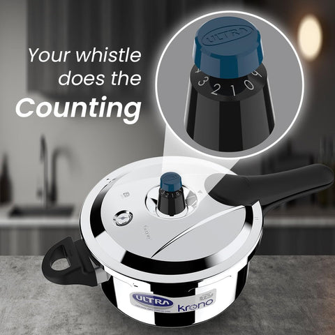 Ultra Triply Krono Pressure Cooker 4.5 Litre | Whistle Counter | Spillage Control | AISI 304 Food Grade Stainless Steel Cooker | 5 Years Warranty | 1.2 MM Lid Thickness | Induction Compatible