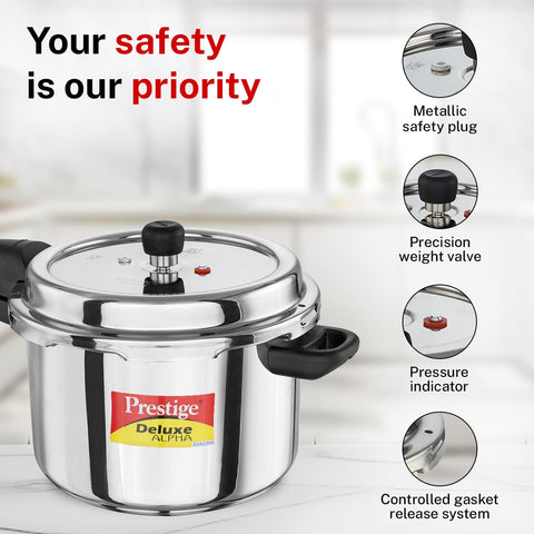 Prestige 6.5 Litre Stainless Steel Deluxe Alpha Svachh Outer Lid Pressure Cooker | 10Y Warranty | Deep Lid for Spillage Control | TRIPLY Base | Gasket Release System | Gas & Induction Compatible | ISI