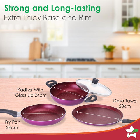 Wonderchef Bandhan Non-Stick Cookware 4 Pc. Set | Fry Pan, Dosa Tawa, Kadhai with Glass Lid | Healthy, Low Oil Meals | Scratch-Resistant | Gas & Induction Compatible | Easy to Clean
