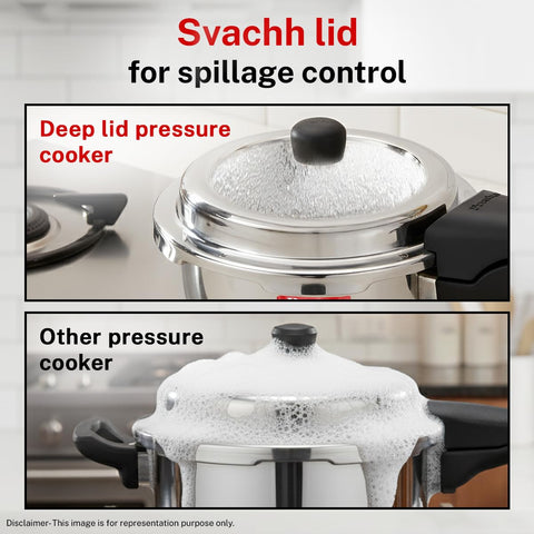 Prestige 2 Litre Stainless Steel Deluxe Alpha Svachh Outer Lid Pressure Cooker | 10Y Warranty | Deep Lid for Spillage Control | TRIPLY Base | Gasket Release System | Gas & Induction Compatible | ISI