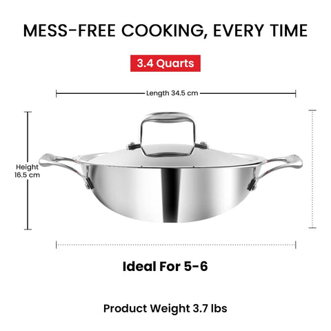 Vinod Platinum Triply Stainless Steel Extra Deep Kadai with Lid, 24 cm | Even Heating, Less Oil Healthy Cooking, Heavy Bottom Induction Cookware Kadhai for Cooking & Frying