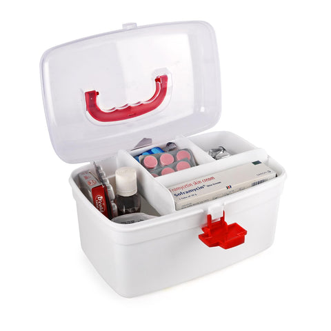 Cello Medico First Aid Box Plastic | Tight Lock Mechanism With Convenient Handle | Multi-Purpose Box Suitable For Storing Medicines, Bandages, Ointments, & Medical tools | White & Red