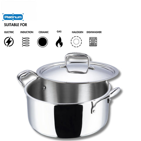Vinod Platinum Triply Stainless Steel Saucepot with Stainless Steel Lid 6.8 litres Capacity (26cm Diameter) with Riveted Handles - Silver (Induction and Gas Stove Friendly)