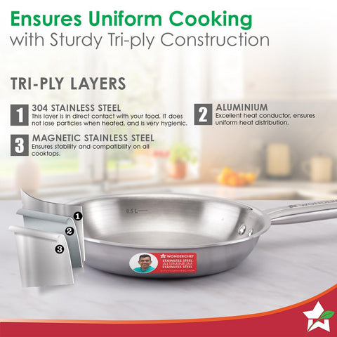Wonderchef Stella Triply Stainless Steel Fry Pan | 24 cm, 1.7 litres | Compatible with Gas Stove, Induction, Ceramic Cooktop | Non-Toxic | Uniform Heating | Heavy-Duty Handle | 10-Year Warranty