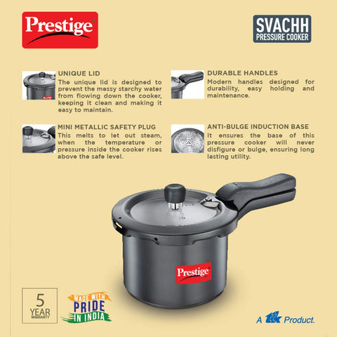 Prestige 3 Litre Hard Anodised Svachh Outerlid Pressure Cooker|Deep Lid for spillage Control|Gas & Induction Compatible|Metallic Safety Plug|Gasket Release System|5 Years warranty|ISI Certified