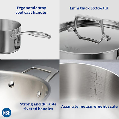 Tramontina Aeion Triply 16cm / 2.1 Liter Stainless Steel Sauce Pan with SS 304 Lid | Healthy, Non Toxic | Milk Pan/Tea Pan | Induction Friendly | Stay Cool Handle | NSF Certified | 10 Year Warranty