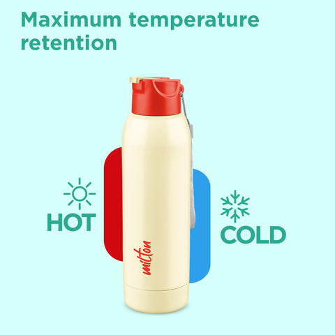 Milton Steel Swag 900 Inner Stainless Steel PU Insulated Sipper Water Bottle for Adults, Kids I Leak Proof Flip Top Lid I Easy to Carry I for Office, Gym, School, 690 ml, Ivory
