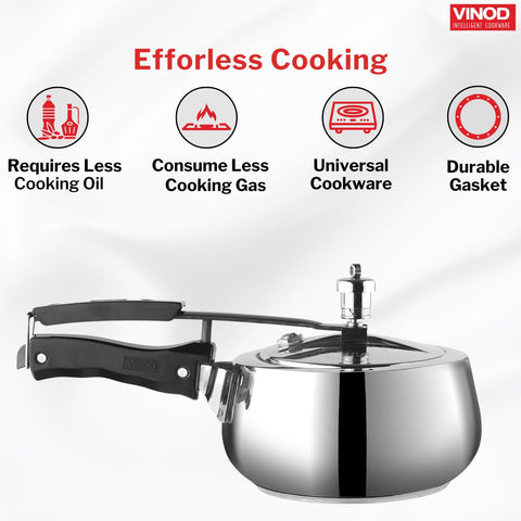Vinod Europa Stainless Steel Inner Lid Pressure Cooker – 3 Litre | Handi Shape Design | Durable Sandwich Bottom | Induction & Gas Stove Friendly | ISI & CE Certified | 2 Year Warranty | Steel