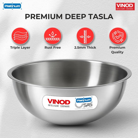 Vinod Platinum Triply Stainless Steel Tasla/Kadai - 4.5 litres, 30 cm | 2.5 mm Thick Heavy Bottom, Fast & Even Heating, Less Oil Healthy Cooking, Induction and Gas Base Kadhai for Frying & Dough