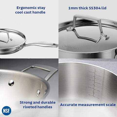TRAMONTINA Stainless Steel Aeion Triply 26cm Fry Pan with SS 304 Lid|Healthy,Non Toxic | Omelette Pan | Saute | Induction Friendly | Stay Cool Handle | NSF Certified | 10 Year Warranty