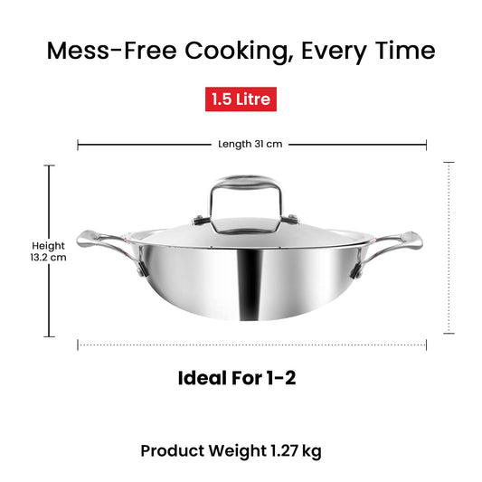 Vinod Platinum Triply Stainless Steel Extra Deep Kadai with Lid - 20 cm | Even Heating, Less Oil Healthy Cooking, Heavy Bottom Induction Cookware Kadhai for Cooking & Frying