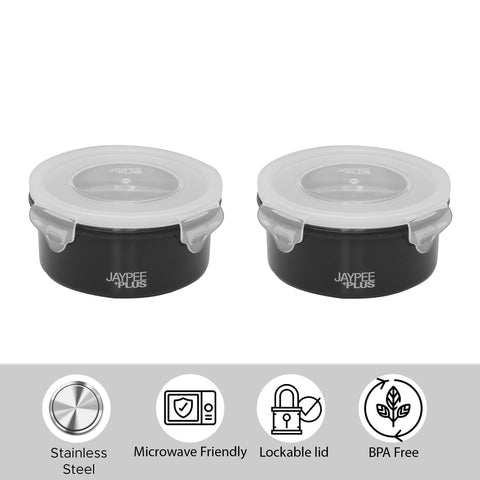 Jaypee Plus Stainless Steel Inner Micropac 2 Container Lunch Box | Leak Proof | Microwave Safe | Insulated Lunch Box | Air Tight | Insulated Tiffin Box for Office | 400 Ml Black