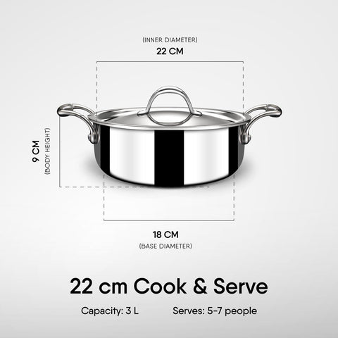 Stahl Triply Stainless Steel Artisan Cook & Serve Casserole with Lid, 4822, 22cm, 3 liter (Serves 4 People)