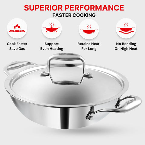 Vinod Platinum Triply Stainless Steel Kadai with Lid - 22 cm | Even Heating No Hotspot, Less Oil Healthy Cooking, Heavy Bottom Induction Cookware Kadhai for Cooking & Frying