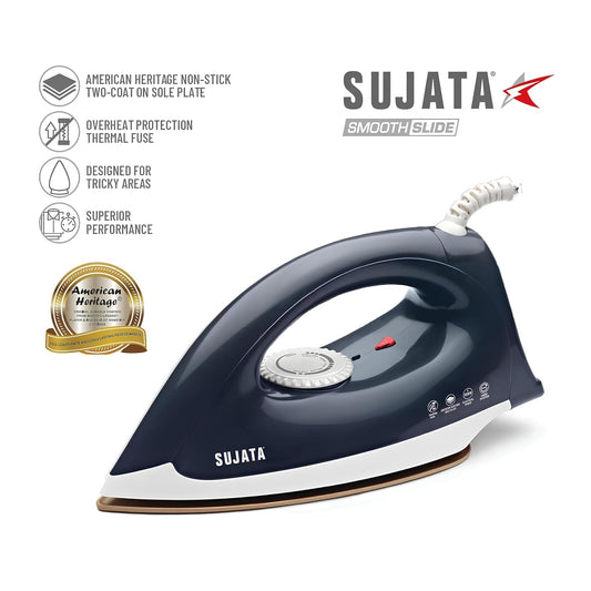 Sujata Smooth Slide 1100 Watts , Stainless Steel Dry Iron | Overheat Protection Thermal Fuse | American Heritage Double Coat Non-stick | Designed for Tricky Areas