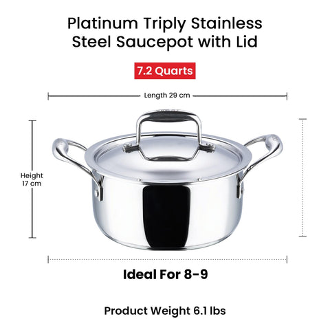 Vinod Platinum Triply Stainless Steel Saucepot with Stainless Steel Lid 6.8 litres Capacity (26cm Diameter) with Riveted Handles - Silver (Induction and Gas Stove Friendly)